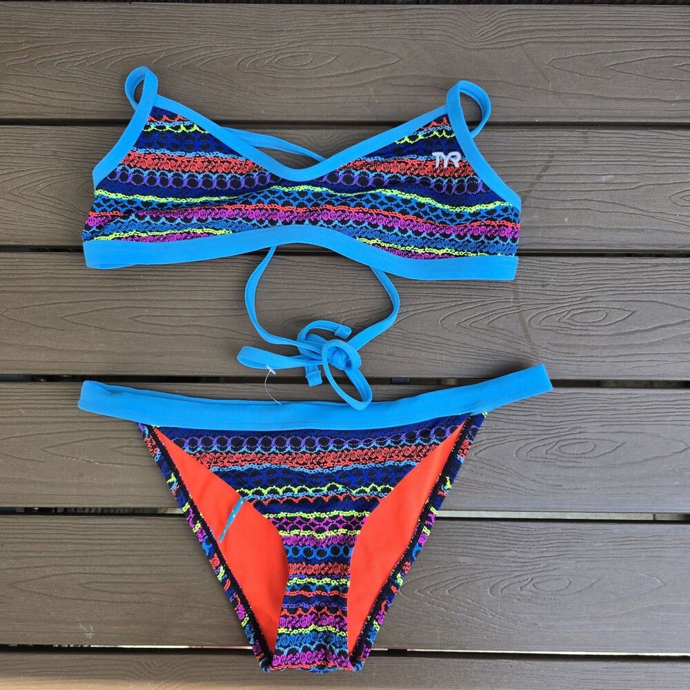TYR Women's Durafast Fuzzy Stripes Tieback Multicolor Bikini Sz S NEW No Tag